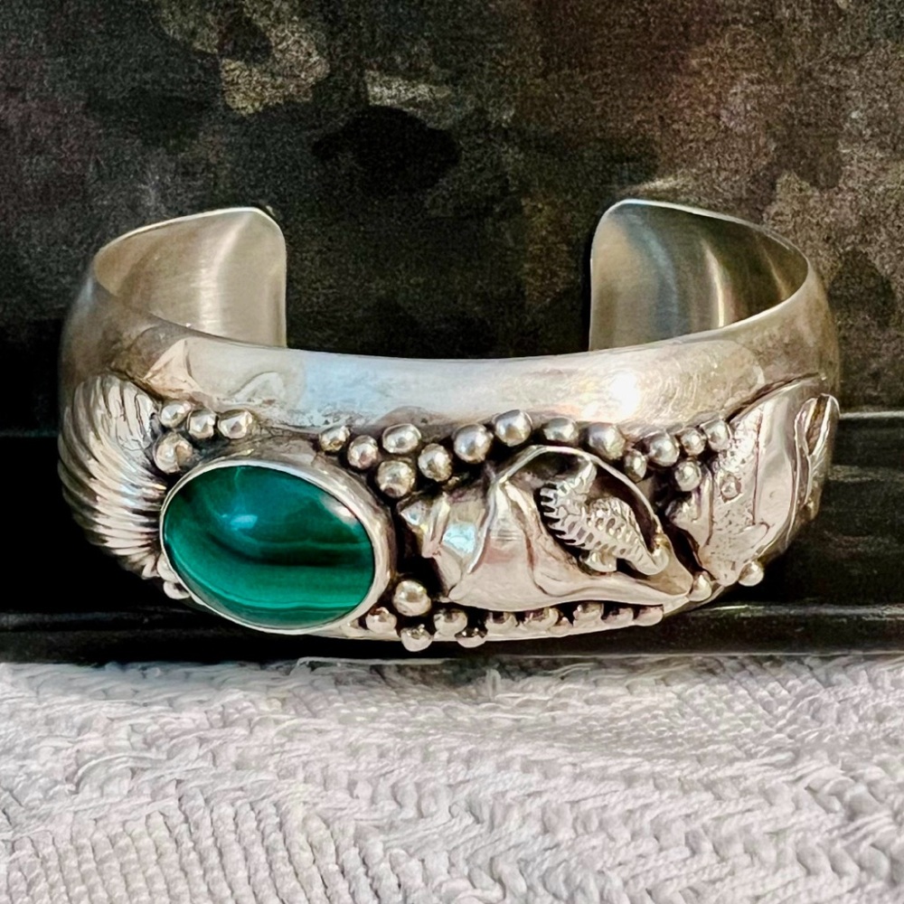 VTG Carol Felley Sterling Silver Malachite Ocean Cuff Bracelet Native American